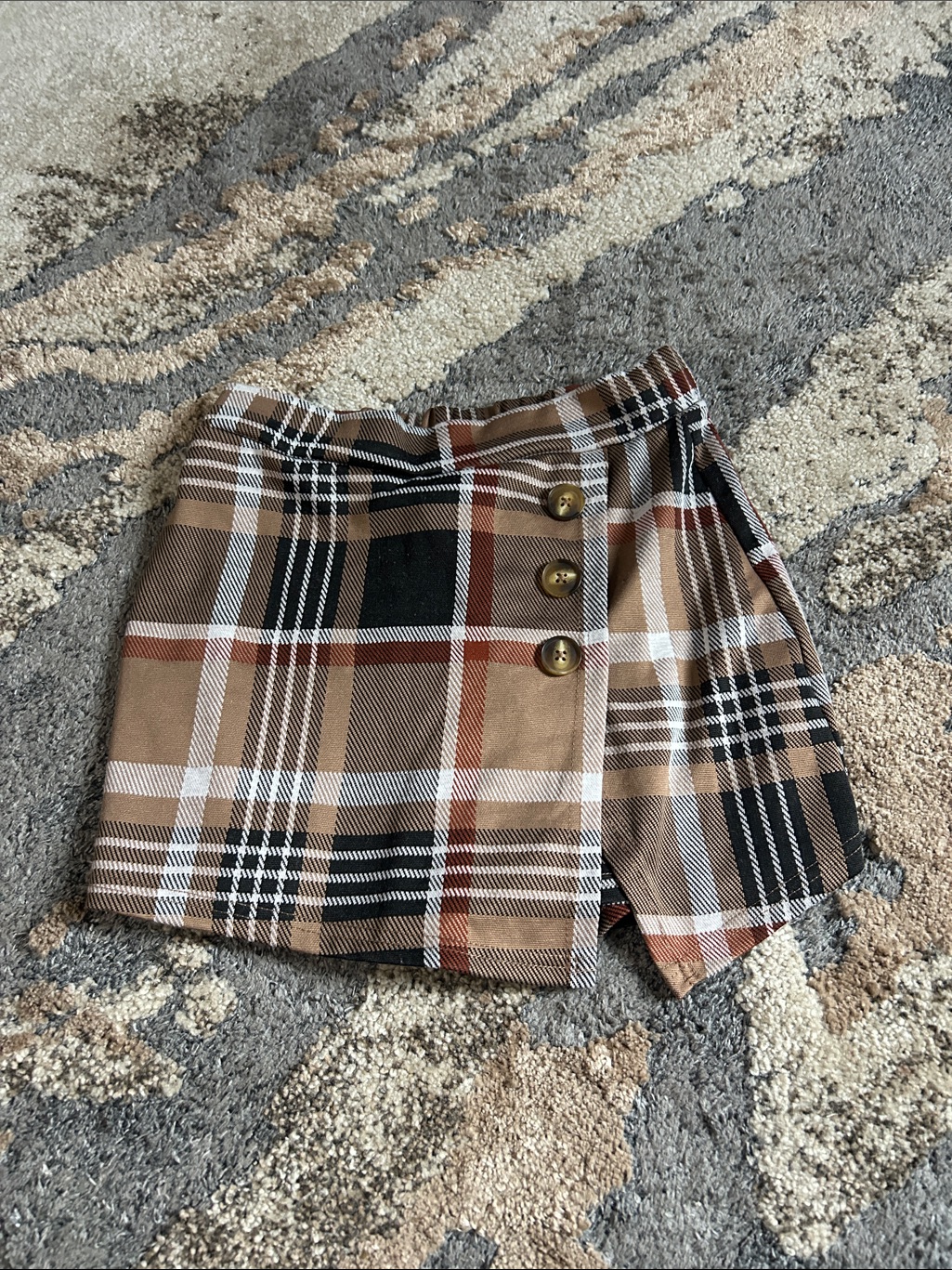 Plaid Wrap Skort With Button Detail In Brown